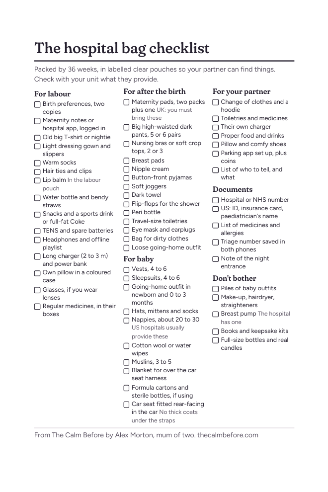 The one-page hospital bag checklist